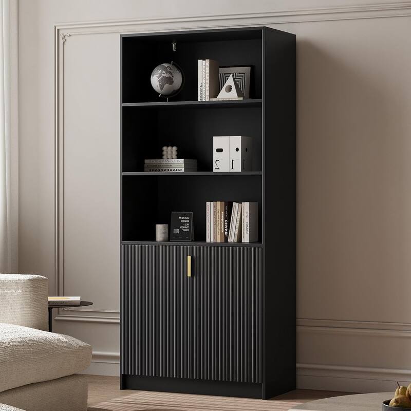 70.8 Inch Modern Display Cabinet Fluted Doors Gold Handle Bookcase Living Room Office