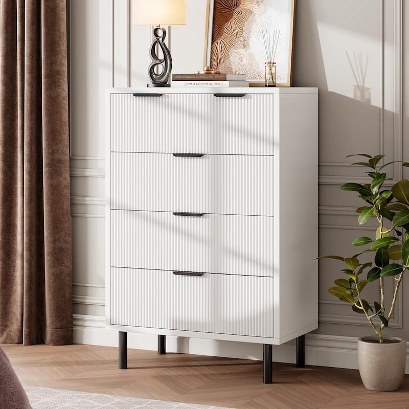 3/5/6 Drawer Fluted Dresser for Bedroom, Modern Wide Chest of Drawers with Metal Legs