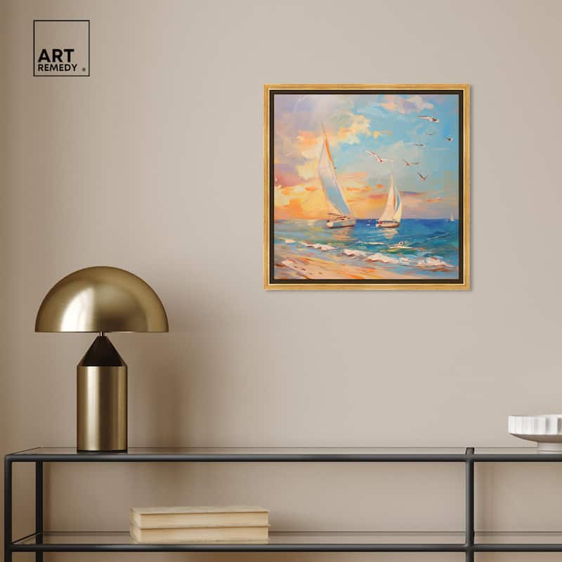 Art Remedy Sailboats In The Sunset Framed Sailing 1 Piece Canvas Wall Art