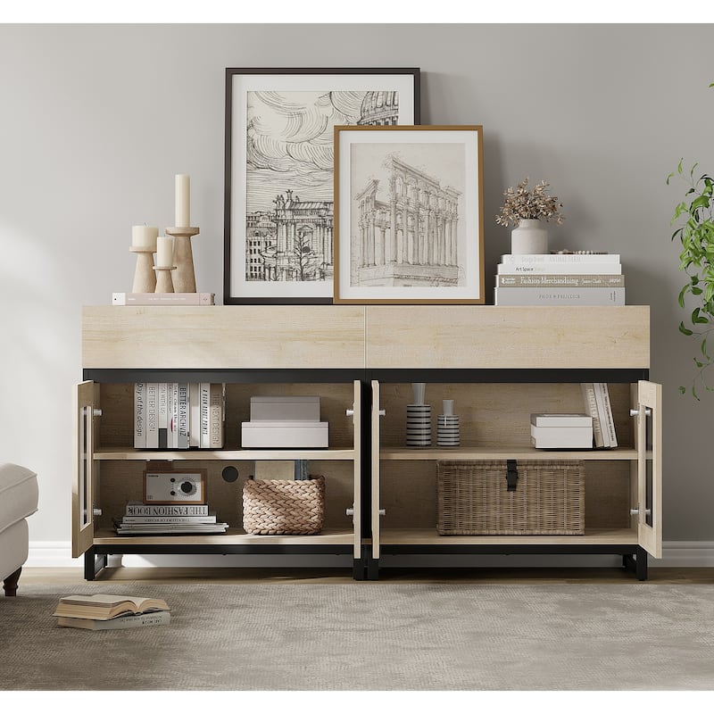WAMPAT Modern TV Stand with Glass Doors for 110 inch TVs, Entertainment Center Console with 3 Drawers and Metal Base
