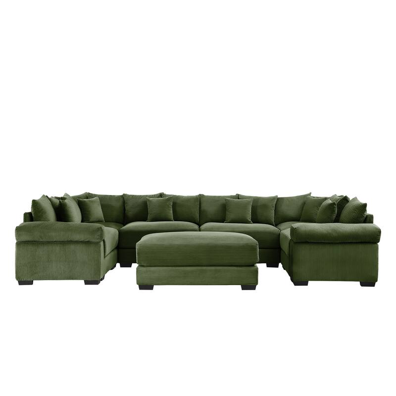 GDFStudio - Corduroy U-Shaped 6-Seater 137.7" Cloud Modular Sectional Couch with Ottoman