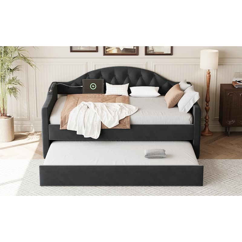Tufted Upholstered Frame Daybed Velvet Sofa Bed with USB and Type-C Charging Ports, Twin Platform Low Profile Bed with Trundle