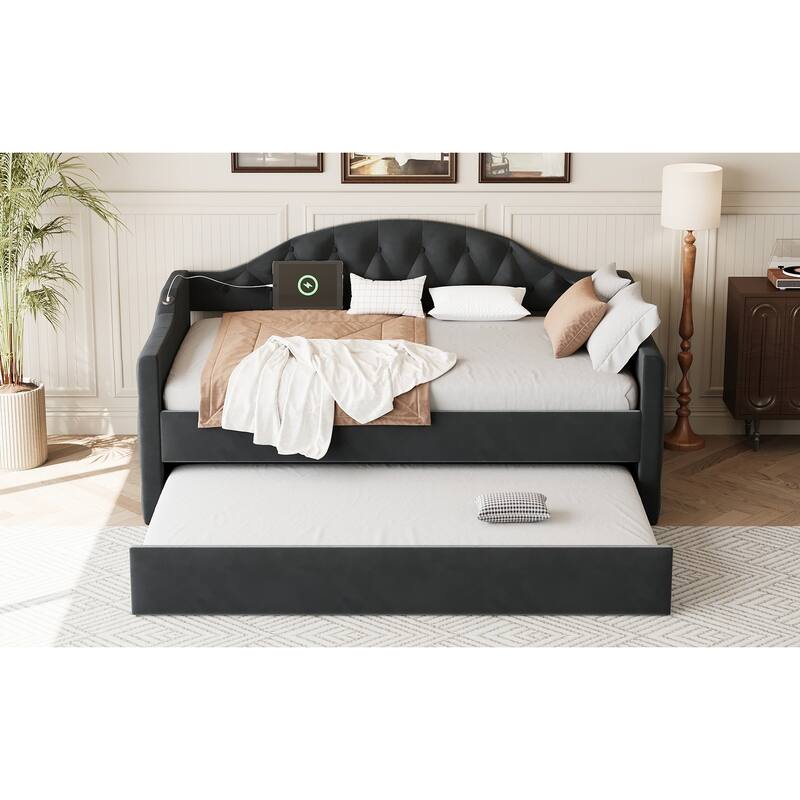Twin Size Tufted Upholstered Daybed with Trundle