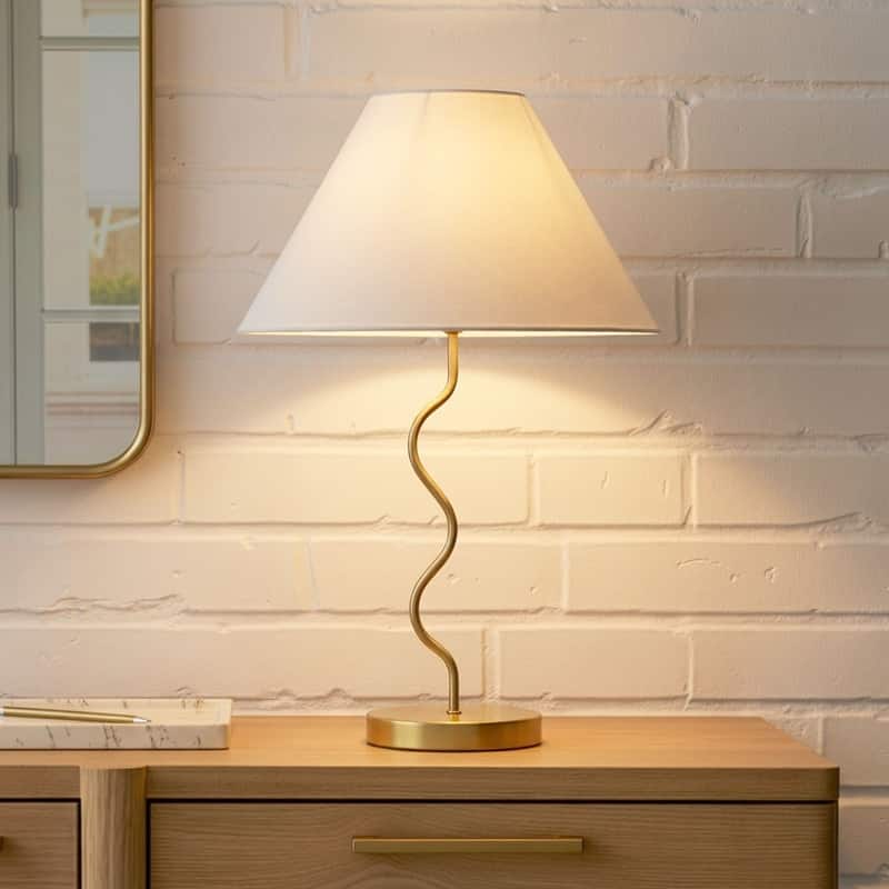 Brightech Squiggle Table 22" Antique Brass Traditional Super Bright LED Contemporary Table Lamp with Ivory Fabric Empire Shade