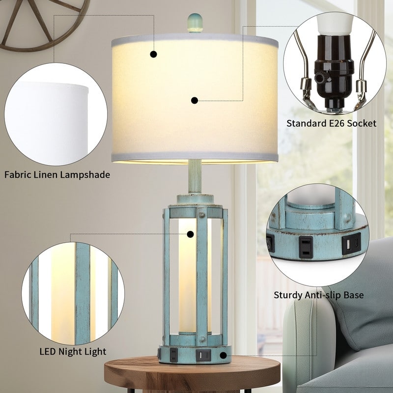 Set of 2 Farmhouse Blue Table Lamps, 26-Inch, with USB & Type-C Charging Ports, AC Outlet, and Nightlight - 12'' X 12'' X 26''