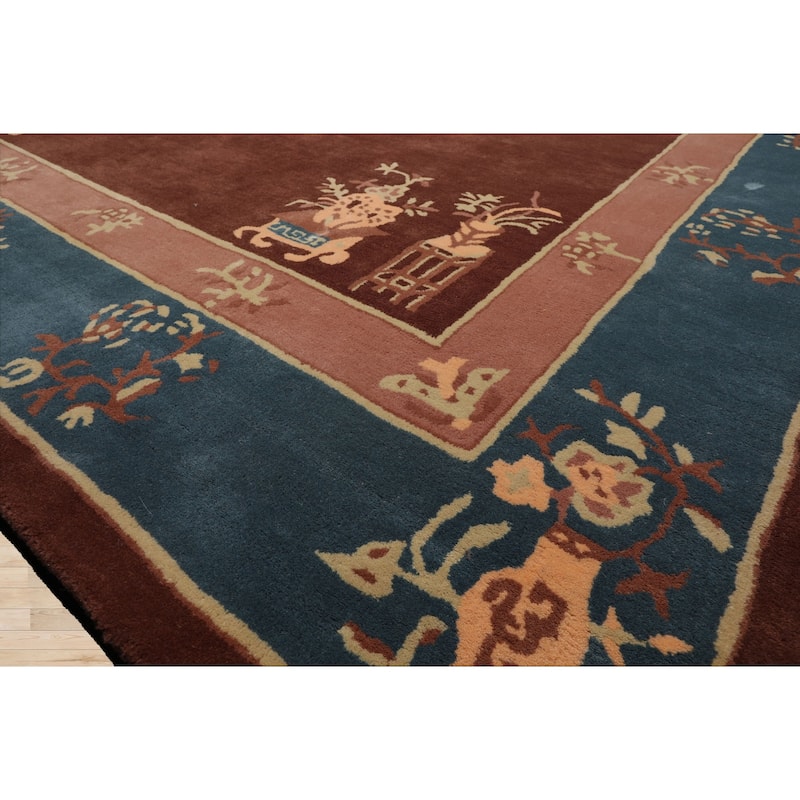 Hand Tufted LoomBloom Brown Oriental Area Rug Multi Sizes Featuring Vase Transitional Chinese Art Deco in New Zealand Wool