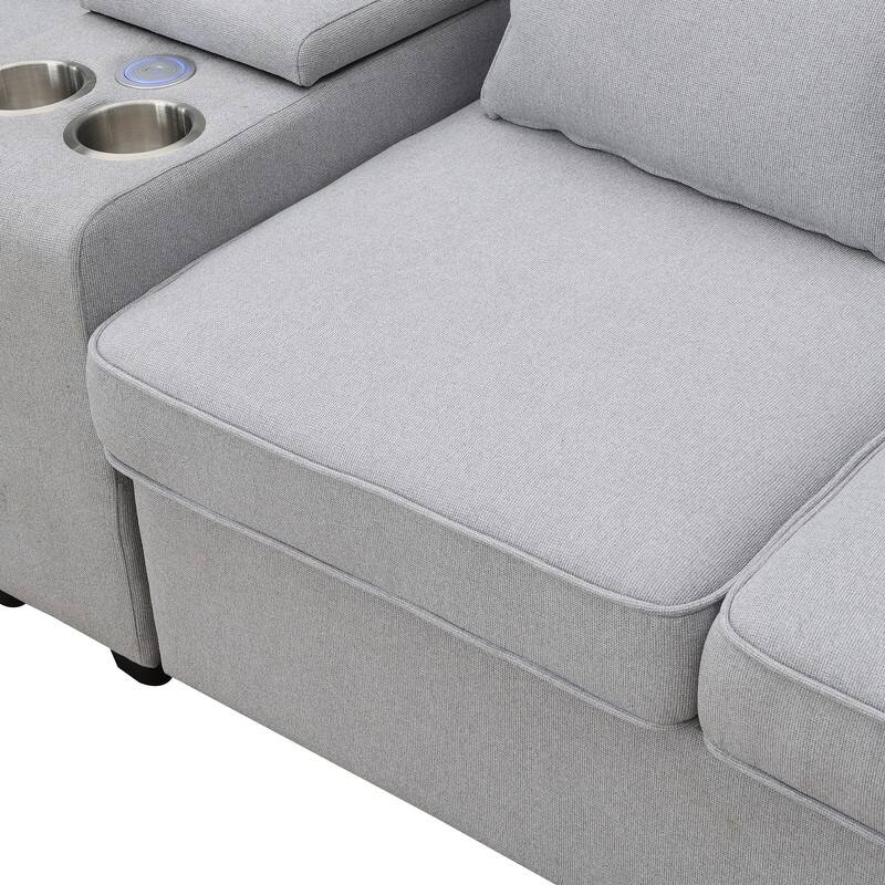 114.2" Modern Linen Fabric Sectional Sofa with Central Console, 2 Cupholders and Charging Station,4 Pillows