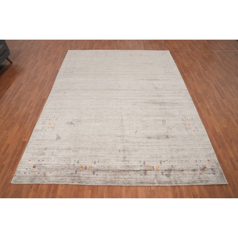 Hand Knotted Oriental Viscose Silk Carpet Tribal Animal Pictorial Greys & Charcoal Gabbeh Area Rug - 11' 11'' X 9' 1''
