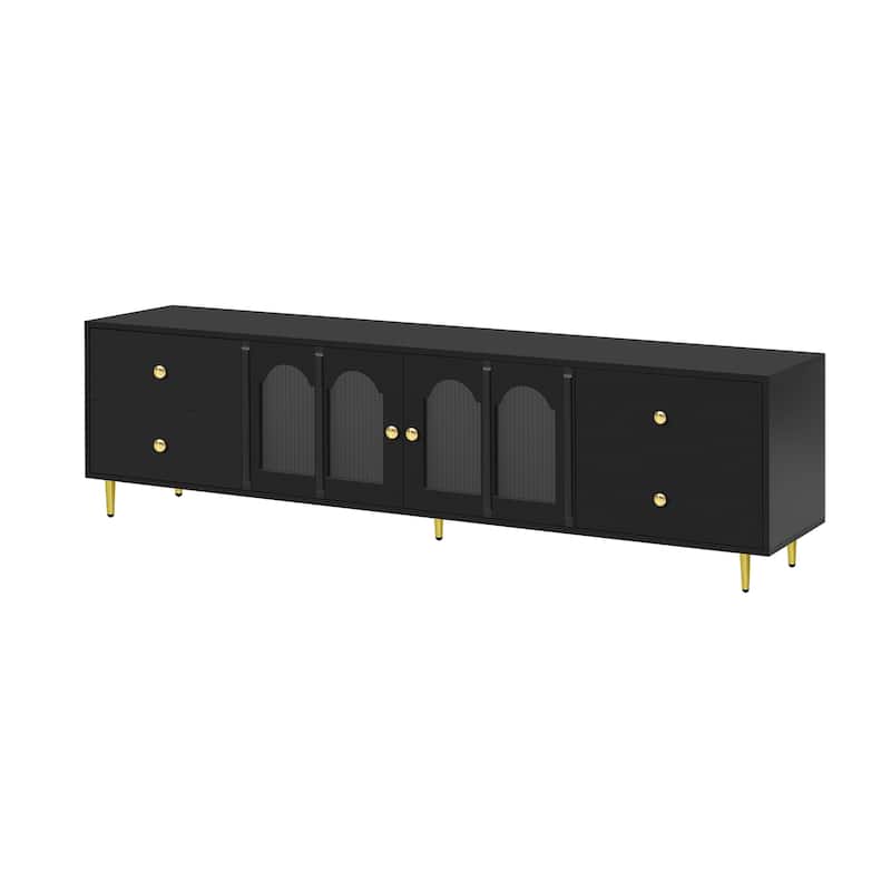 70.9" Glass Door TV Stand with Round Handle, Media Storage TV Console Table with 4 Drawers, 2 Cabinets for TVs up to 75''