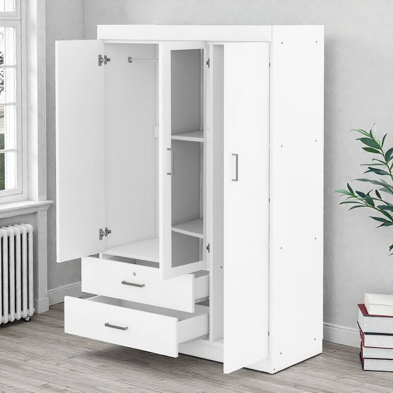 3 Door Wardrobe with Mirror and Shelves, MDF Bedroom Armoire with Lockable Drawer and Storage Drawers
