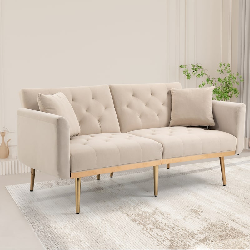 65.35" Velvet Futon Sofa Bed with Adjustable Backrest - Beige
