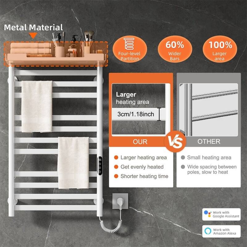 Heated Towel Rack with Shelf and Wi-Fi App Control
