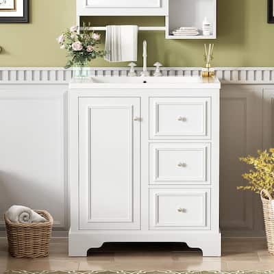 Bathroom vanity cabinet with ceramic basin, adjustable shelves