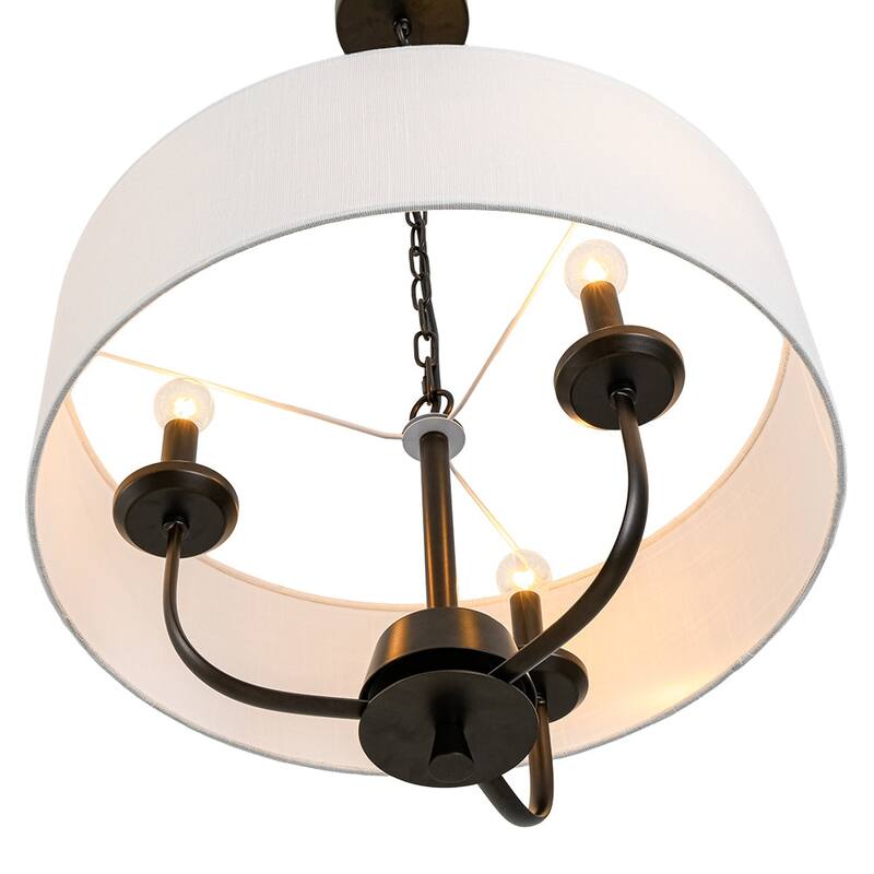 Rustic 3-Light Swoop Arm Drum Pendant with Fabric Shade - N/A