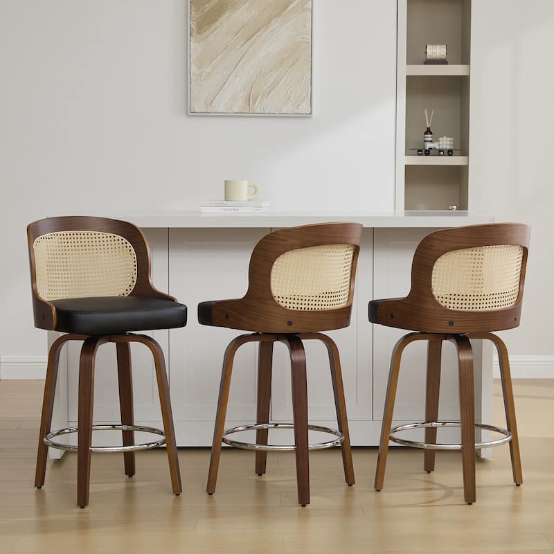 26" Upholstered Swivel Counter & Bar Stool with Rattan Back - 37.4"H x 19.09"W x 19.88"D