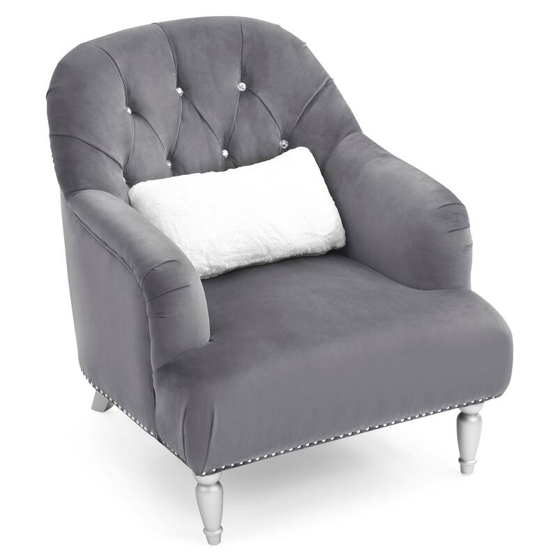 Tufted Upholstered Jeweled Velvet Accent Chair with Throw Pillow - 37" - Gray