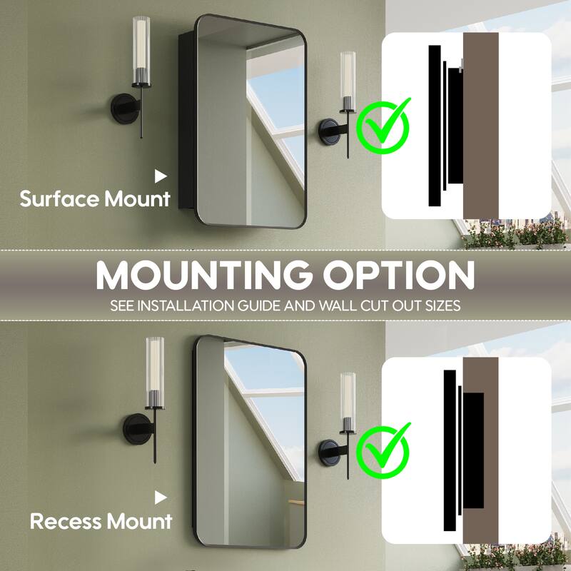 Recessed or Surface Wall Mount Bathroom Mirror Medicine Cabinet With Adjustable Glass Shelves