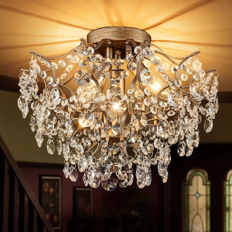 3-Light Modern Glam Sputnik Crystal Flush Mount Light with Crystal Beads Accents - Brushed Gold