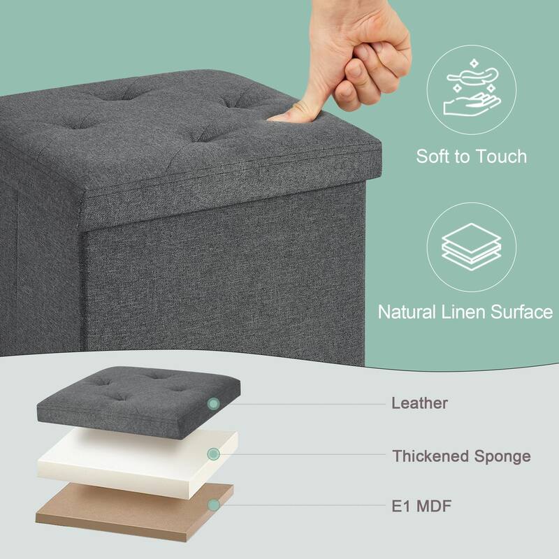 Javlergo 15" Foldable Storage Ottoman, Tufted Linen Foot Rest Stool/Seat Toy Chest