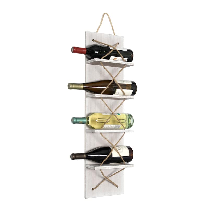 Elegant Designs Positano Nautical Rope 4 Bottle Vertical Wall Mounted Wood Wine Rack - 8 x 4 x 30 (L x W x H) - White Wash
