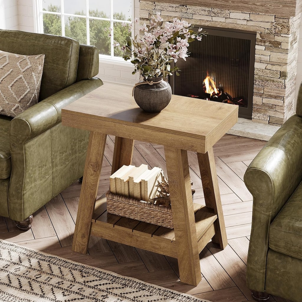 2-Tier Wooden End Table, Farmhouse Small Sofa Side Table with Storage