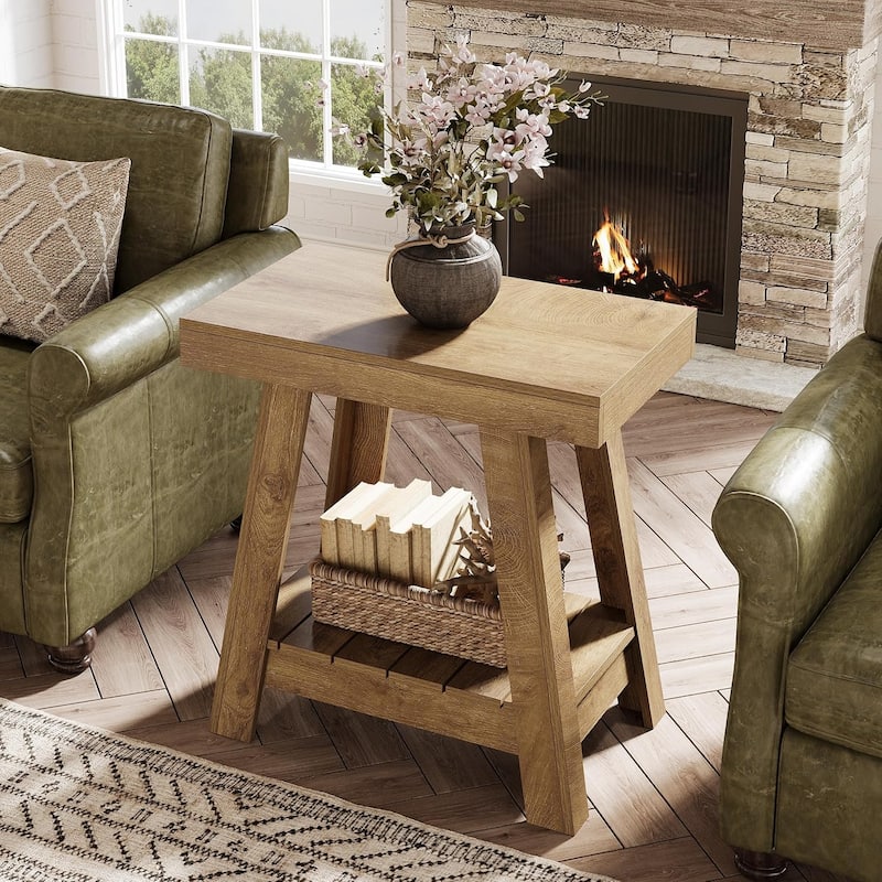 2-Tier Wooden End Table for Living Room, Bedroom, Small Spaces, Rustic Grey - 1pc - Brown
