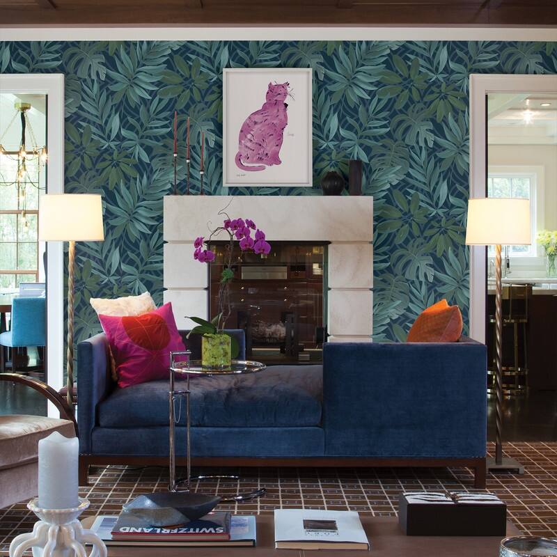 Brewster Nocturnum Dark Blue Leaves Wallpaper - 20.5in x 396in x 0.025in