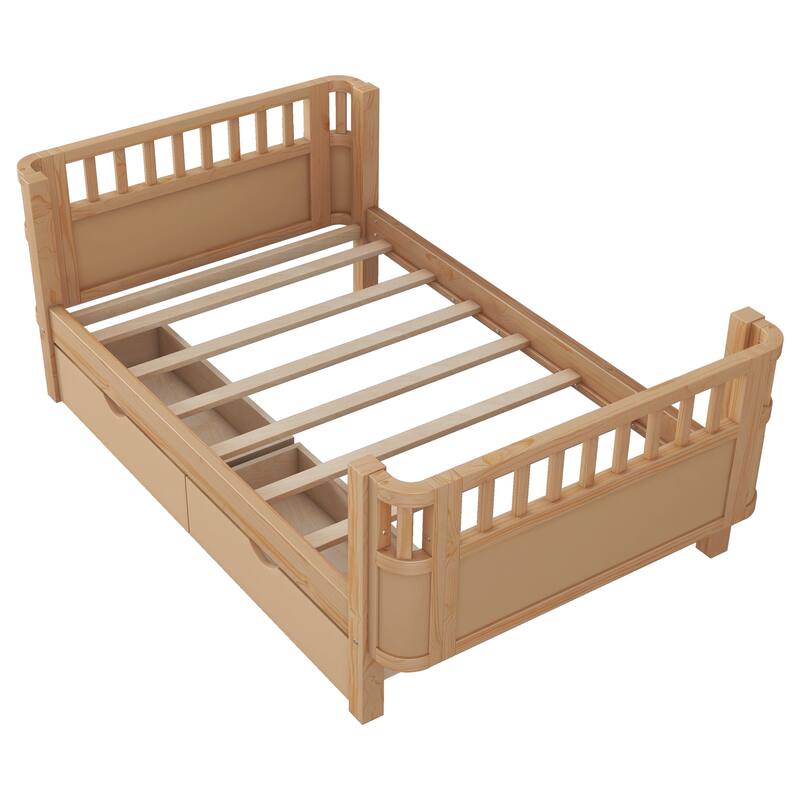 Wooden Daybed with Rails, Low Profile Platform Sofa Bed Frame with 2 Storage Drawers, No Box Spring Needed
