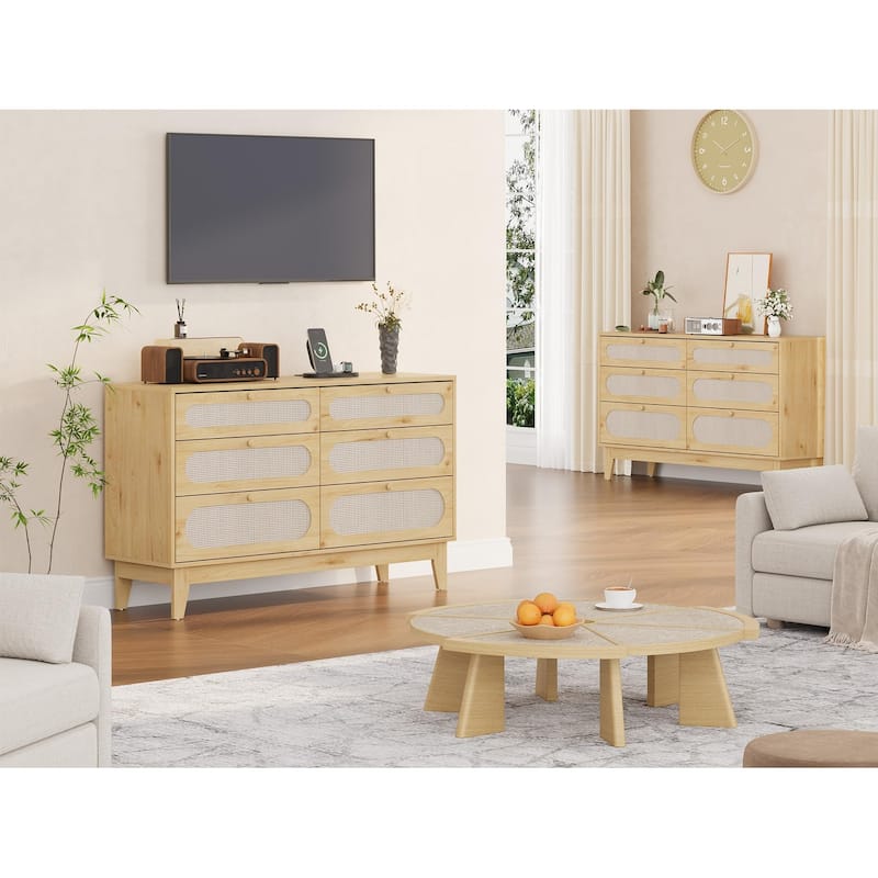 6-Drawer Rattan Dresser with Power Outlet, Wooden Chest of Drawers