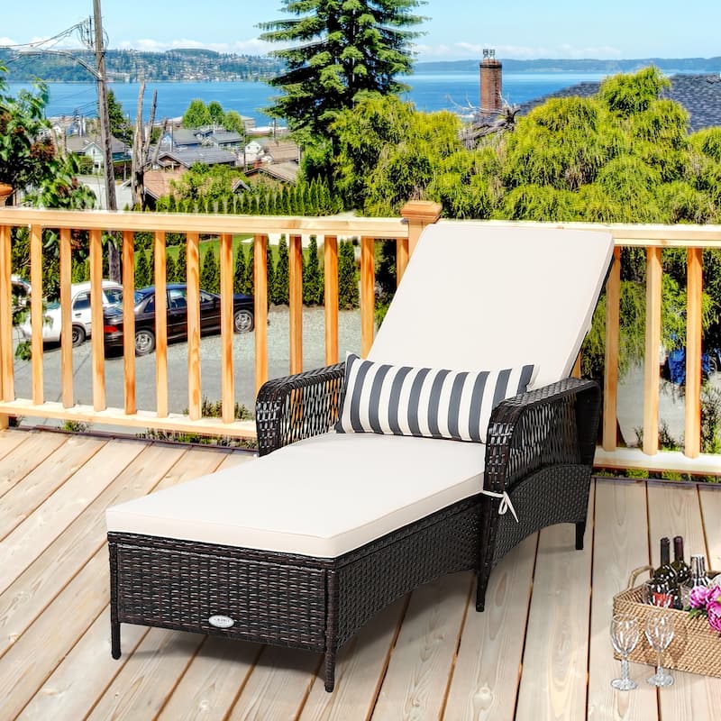 Costway PE Rattan Chaise Lounge Chair Armrest Recliner Adjustable - See Details - Mix brown+Off white