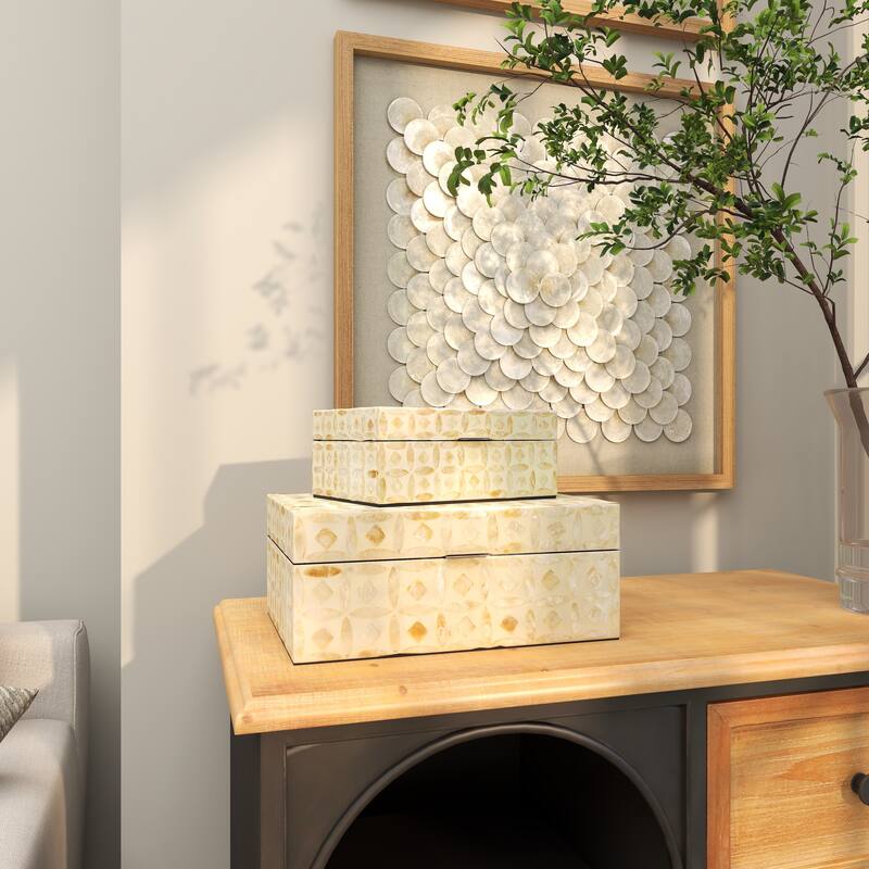 Mother of Pearl Shell Handmade Decorative Box - Set of 2 Beige, Black, Cream, White, Blue, Light Blue - Roche River Decor - 12", 8"W - Beige - Diamond