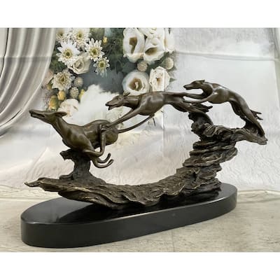 Bronze Sculpture 3 Wild Dogs Running Greyhound Dog Marble Base Figurine Signed Original 10 Inches X 20 Inches