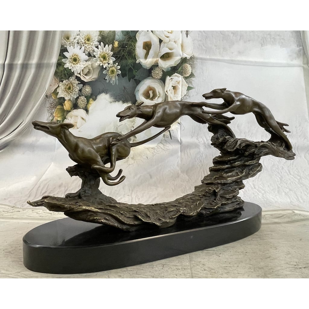Bronze Sculpture 3 Wild Dogs Running Greyhound Dog Marble Base Figurine Signed Original 10 Inches X 20 Inches
