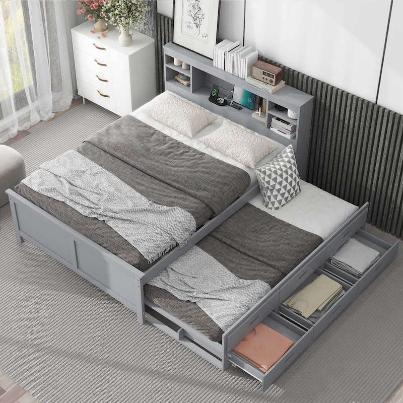 Twin & Full Size Platform Bed with Storage Headboard, USB, Twin Size Trundle and 3 Drawers