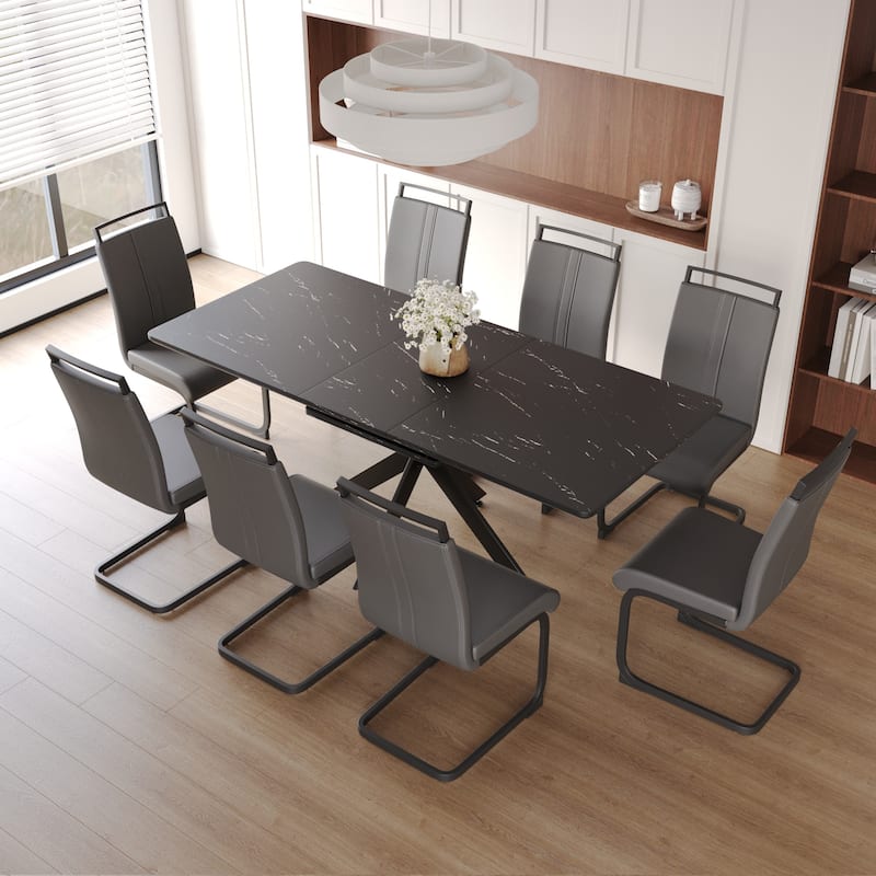 Modern Dining Set with Rectangular Extendable Table & High Back C-shaped Tube Armless Chairs