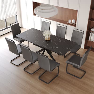Modern Dining Set with Rectangular Extendable Table & High Back C-shaped Tube Armless Chairs