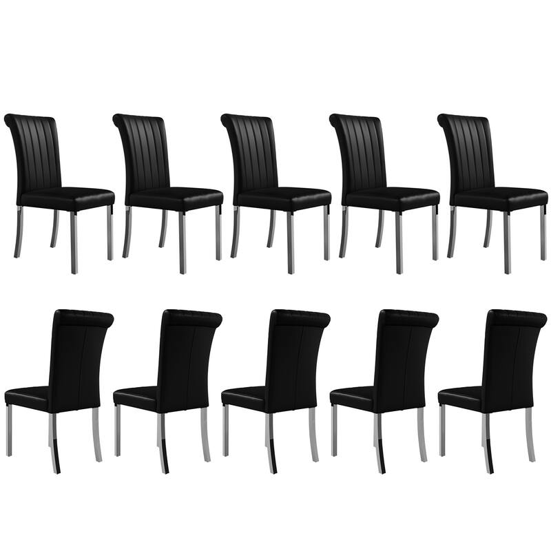 Luxury PU Leather Parsons Dining Chairs Side Chairs with Rolled Back and Stainless Steel Legs - Black and Silver - Set of 10
