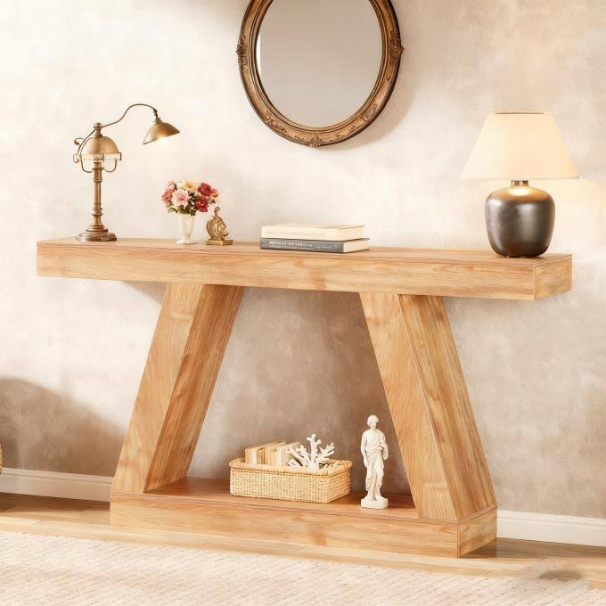 55-Inch Farmhouse Console Table, Rustic Sofa Table with Storage, Industrial Wooden Entryway Table for Hallway, Living Room