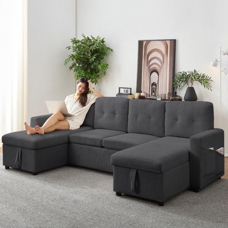 W103" Corduroy 4-Seater Modular Sleeper Sofa Bed with Storage Chaise,U-shaped Sofa with Pull-out Bed