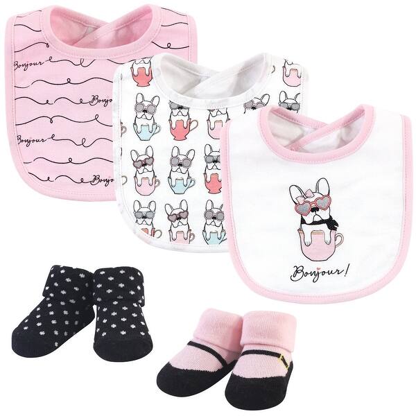 slide 1 of 1, Hudson Baby Infant Girl Cotton Bib and Sock Set 5pk, Pink Bonjour, One Size - Pink Bonjour - One Size One Size - Pink Bonjour