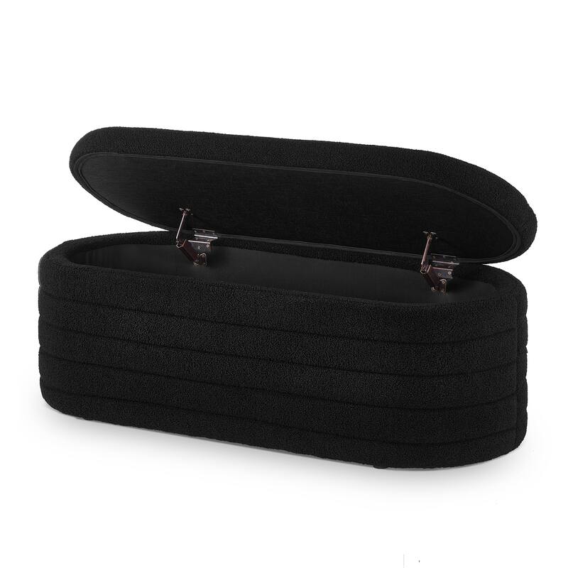 Modern Oval Storage Ottoman Bench,Upholstered Boucle Teddy Fabric End of Bed Bench with Storage,End of Bed Stool