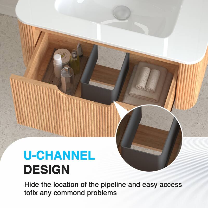 GDF Studio - Verona Floating Bathroom Vanity with Curved Edge Storage & Ceramic Basin without Faucet