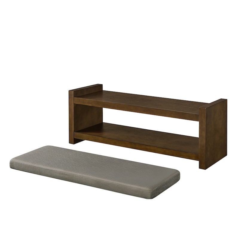 Entryway Storage Bench with Lower Shelf, End of Bed Bench with Wooden Frame Bedroom Linen Upholstered Storage Bench
