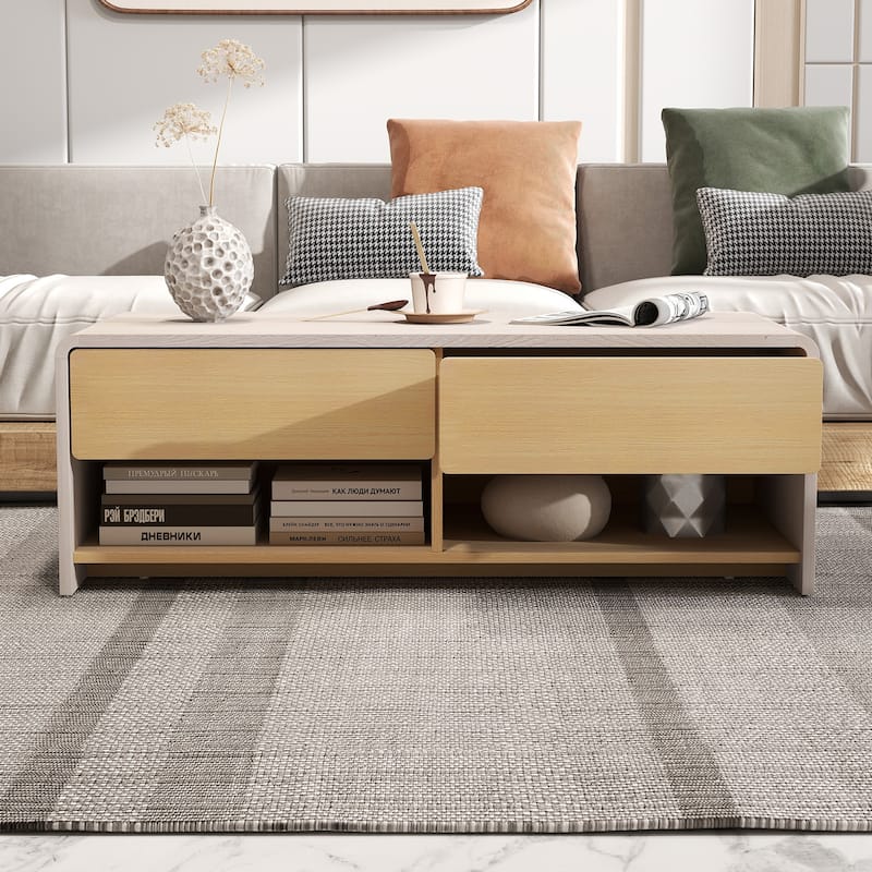 Modern Coffee Table with Hidden Handle 2 Drawers and Open Shelves for Living Room - 43" x 20" x 15"