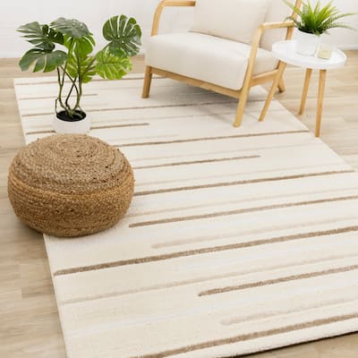 Sutton Collection - Plush Polyester Staggered Lines Area Rug in Cream Brown