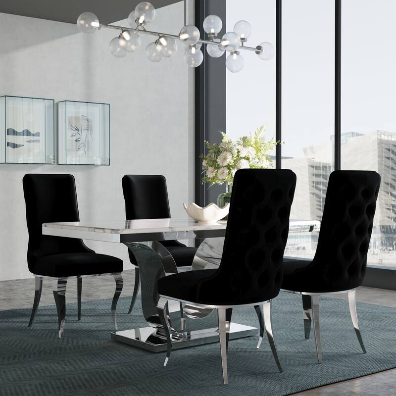 Glam Silver Dining Table Set with 64 inch Dining Table and Black Button Tufted Velvet Dining Chairs