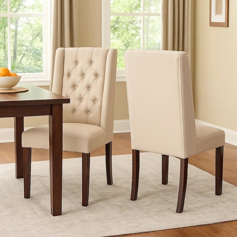 Nathan Dining Chair Set of 2, Dark Brown Wood, Tufted Beige Wingback