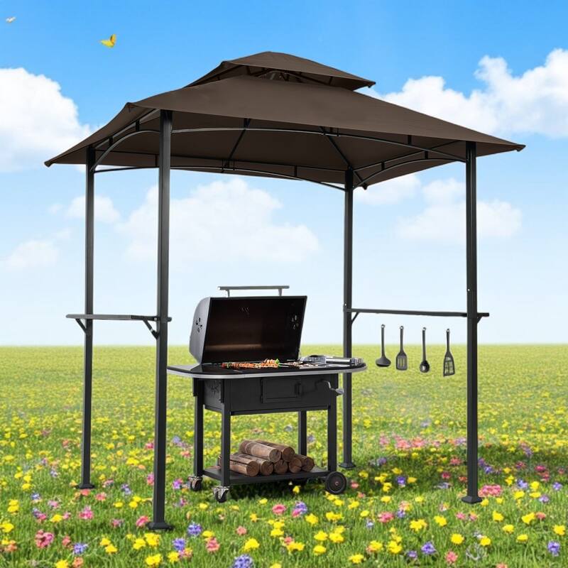 Outdoor Grill Gazebo 8x5 Ft, Double Tier Soft Top Canopy with Steel Frame, Bar Counters & Hook for BBQ