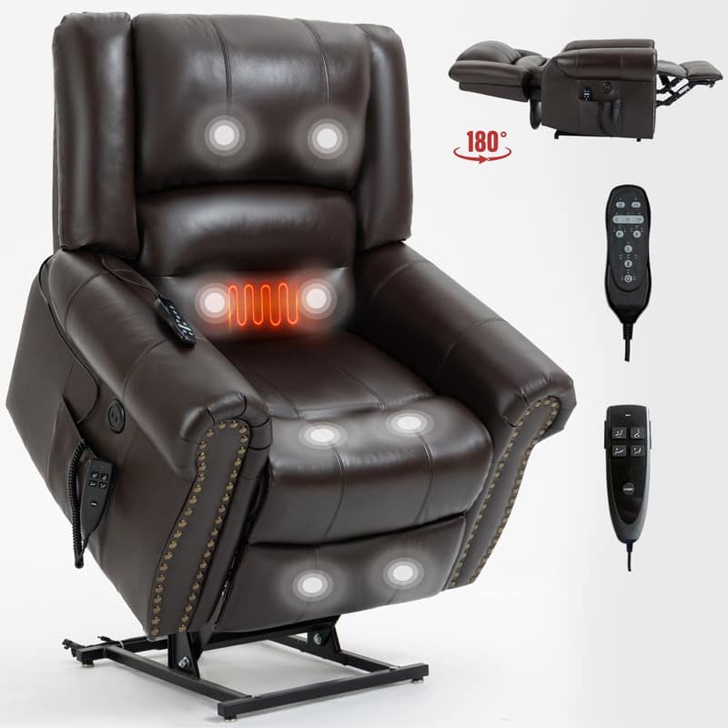 Geniune Leather Power Lift Recliner with Heat Massage & USB Ports - 350 lbs Capacity