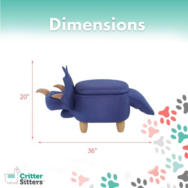 Critter Sitters 15-In. Seat Height Denim Blue Triceratops Dino Storage Ottoman, Furniture for Nursery, Bedroom, and Playroom